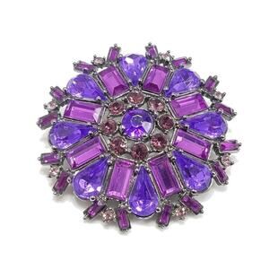 Snowflake Purple Rhinestones Gunmetal Gray Brooch, 2 1/4 Inches